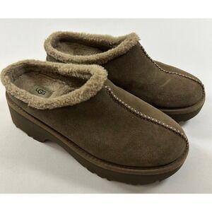 UGG New Heights Slip On Clogs Womens 10 Brown Suede Platform Shearling Slippers